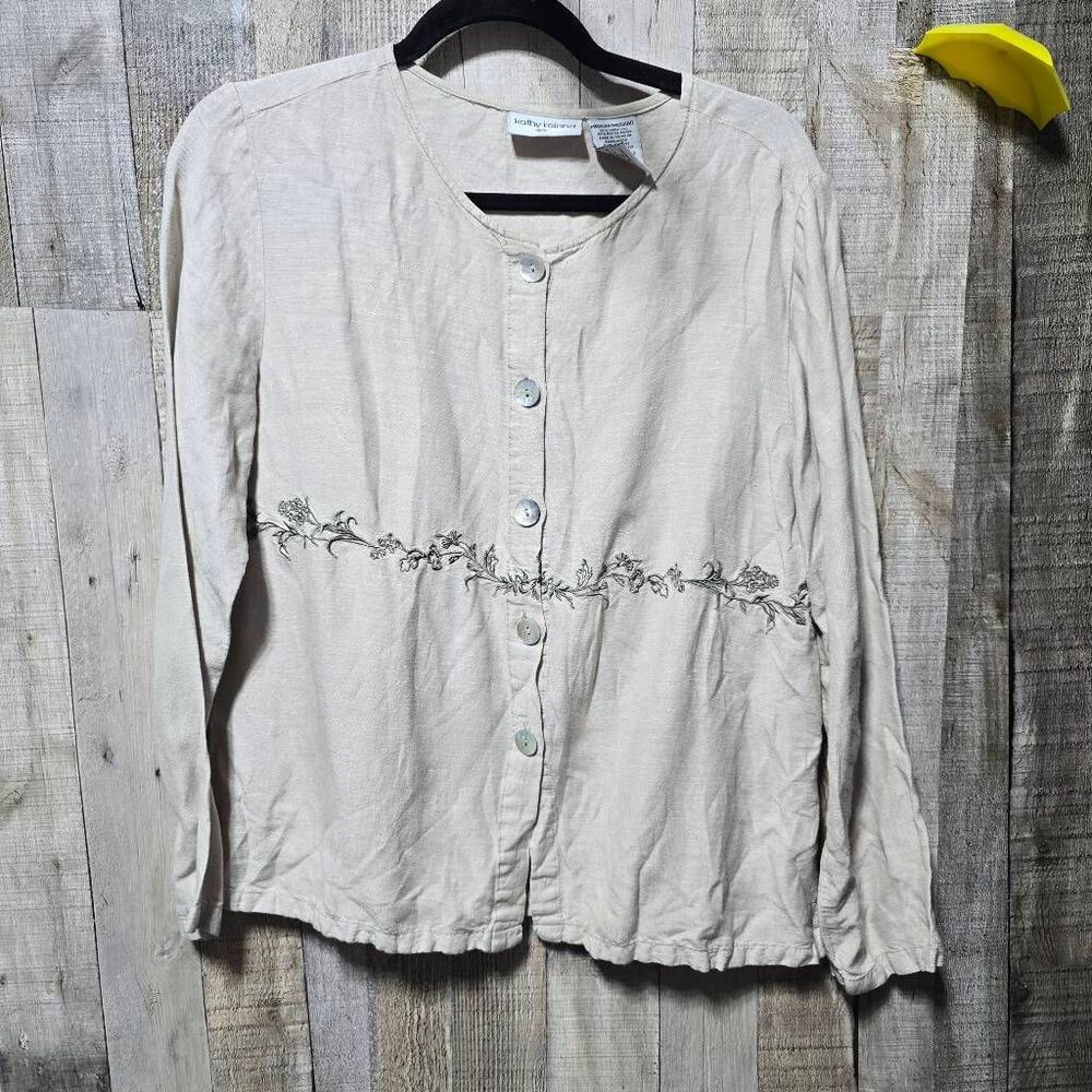 Kathy Ireland Vintage Beige Floral Embroidered Linen Blend Button Down Shirt Med